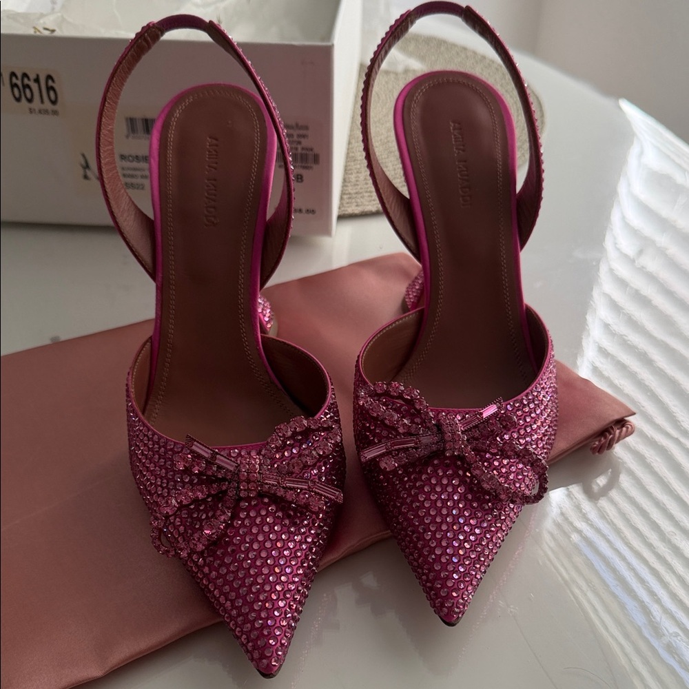 Amina Muaddi Fuchsia Crystal Slingback Pumps with Bow - Picture 6 of 14
